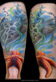 手臂彩色海星详纹身图案