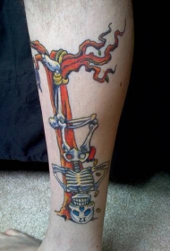 腿部彩色骷髅架纹身图案
