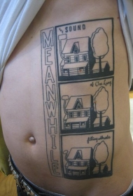腹部黑白房子纹身图案