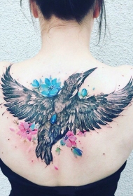 背部鲜花与飞鸟水彩个性纹身图案