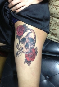 腿部玫瑰骷髅彩绘纹身图案