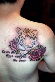 背部彩色老虎玫瑰花字母纹身图片