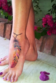 脚背漂亮的彩色羽毛纹身图案