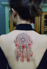 后背美丽的玫瑰捕梦网彩绘纹身图案
