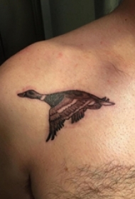 男性肩膀上黑灰色鸭子纹身动物图片