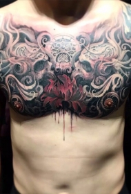 胸部骷髅与莲花创意纹身图案