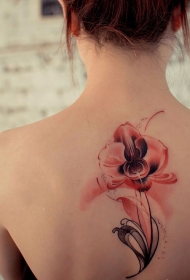美女背部个性粉色花朵纹身图案