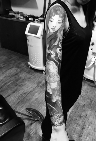 女生花旦与牡丹个性花臂纹身图案