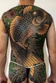 满背日式纳福招财鲤鱼彩绘纹身图案