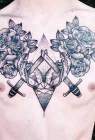 胸部点刺玫瑰花匕首创意纹身图案
