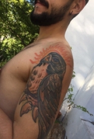 男性左手臂上彩色老鹰纹身动物图片