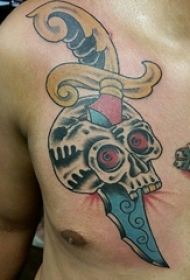 男子胸部上的大头骨和匕首纹身图片