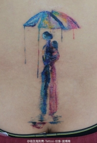 腰部个性的水墨彩色情侣人像纹身图案