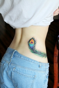 女生腰部梦幻的彩色孔雀羽翎个性纹身图案