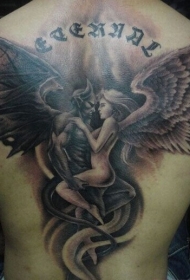 背部好看的魔鬼与天使缠绵纹身图案
