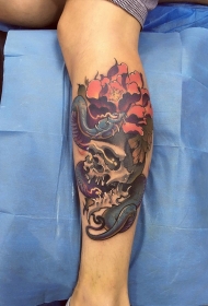 小腿牡丹花骷髅蛇彩绘纹身图案