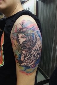 手臂天使泼墨水彩纹身图案