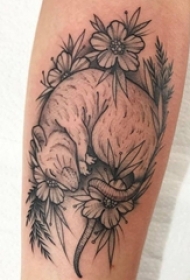 手臂上黑灰色素描纹身小花朵和老鼠纹身动物图片