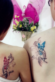 情侣背部好看的蝴蝶字母纹身图案