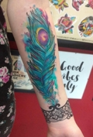 女生手臂上彩绘渐变简单线条孔雀羽毛纹身图片