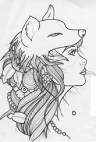 漂亮的黑色狐狸头女人简单线条纹身手稿