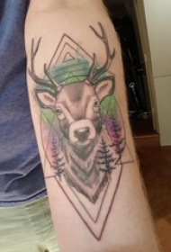 男生手臂上彩绘渐变几何线条创意小动物鹿纹身图片