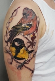 男生手臂上彩绘水彩素描创意文艺可爱小鸟纹身图片