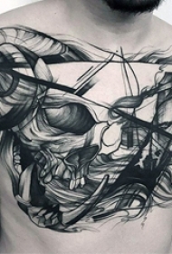 男生胸口上黑灰素描点刺技巧创意霸气骷髅纹身图片