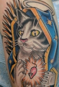 纹身大腿男 男生大腿上彩色的猫咪纹身图片