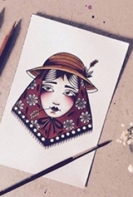 彩绘水彩创意个性抽象女生人像纹身手稿
