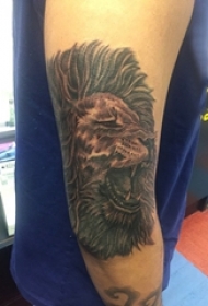 男生手臂上黑灰素描点刺技巧霸气狮子头纹身图片