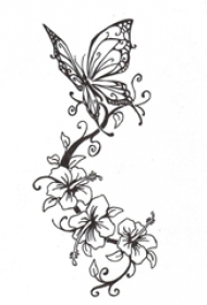 黑色线条文艺小清新唯美蝴蝶和花朵纹身手稿