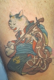 男生小腿上彩绘抽象线条小动物猫咪纹身图片