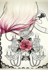 女生背部黑色素描创意花朵纹身手稿
