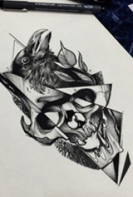 黑灰素描创意经典骷髅和老鹰纹身手稿