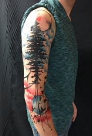 手臂上彩绘纹身几何元素纹身月亮纹身和树纹身植物纹身图片