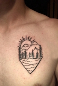 男生胸部黑色几何抽象线条山水风景纹身图片