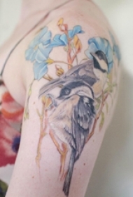 女生手臂上彩绘渐变简单线条植物花朵和鸟纹身图片