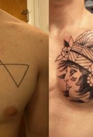 男生胸部黑色几何简单线条人物肖像覆盖纹身图片