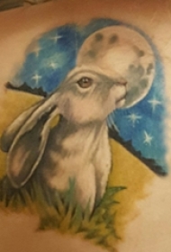 女生后背上彩绘渐变简单线条月亮和小动物兔子纹身图片