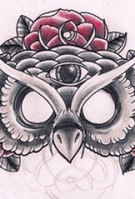 彩绘水彩素描唯美花朵霸气猫头鹰纹身手稿