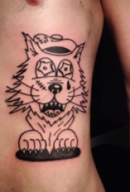 男生侧腰上黑色简单线条创意卡通小动物狼纹身图片