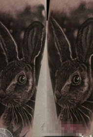 女生大腿上黑灰素描超写实3d兔子纹身图片