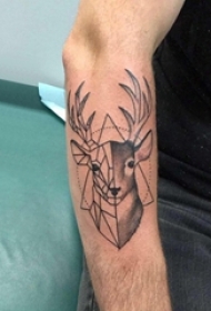 男生手臂上黑灰点刺几何简单线条拼接小动物鹿纹身图片