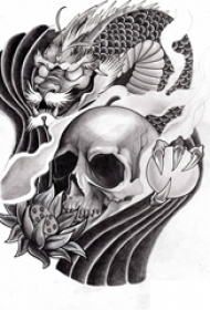 黑灰素描创意骷髅花朵以及龙图腾抽象纹身手稿