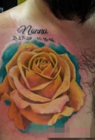 男性胸部植物玫瑰花彩色纹身图片