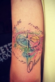 女生手臂上水彩泼墨指南针与数字纹身图片