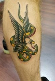 欧美小腿纹身  男生小腿上老鹰和蛇纹身图片