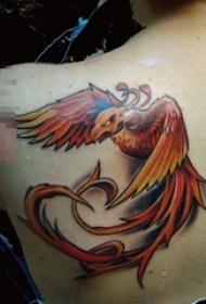 女生背部彩绘水彩创意个性红色展翅凤凰纹身图片