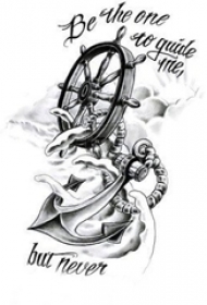 黑色素描创意海军风船锚花体英文纹身手稿